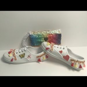 Bedazzled White Sneakers with Tassels & Purse